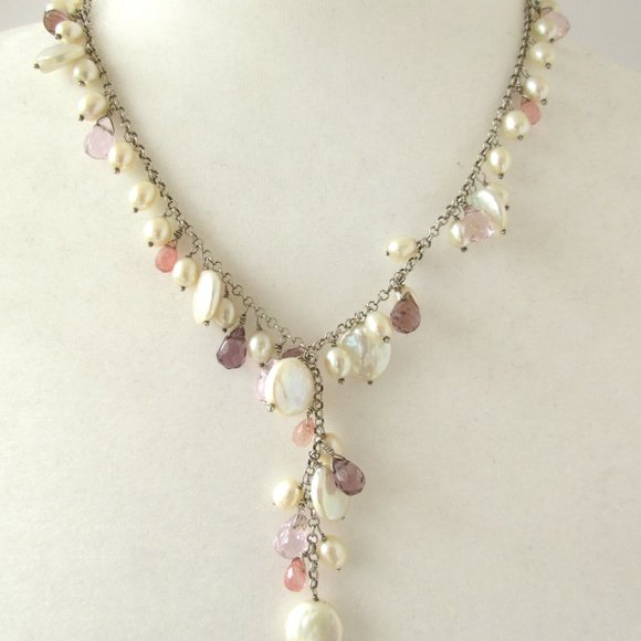 Mother of Pearl Pink & White Beaded Drop Necklace - Picture 3 of 5